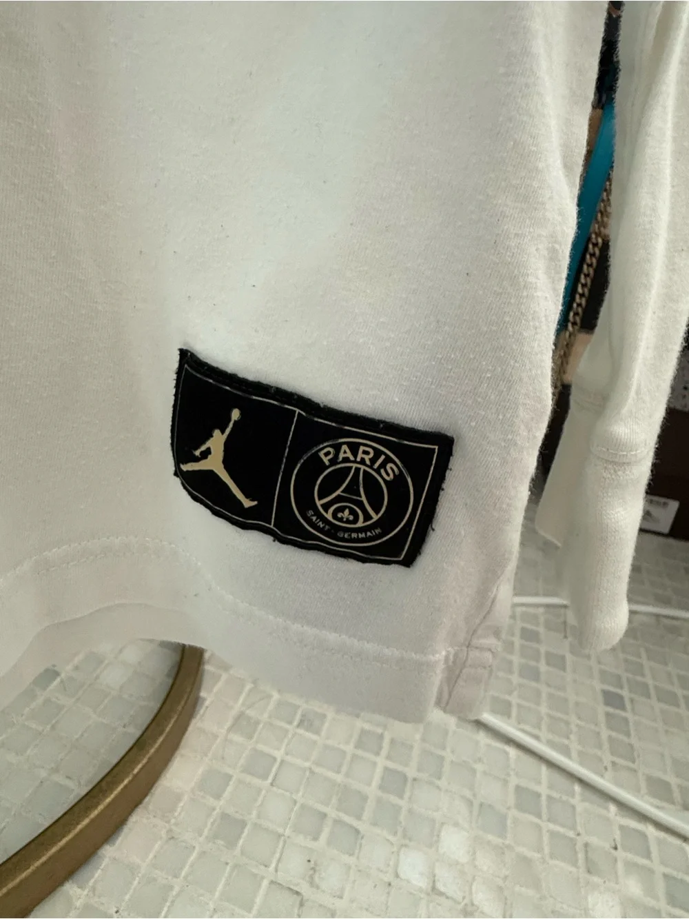 Jordan White Long Sleeve Tee with Burgundy Paris Logo